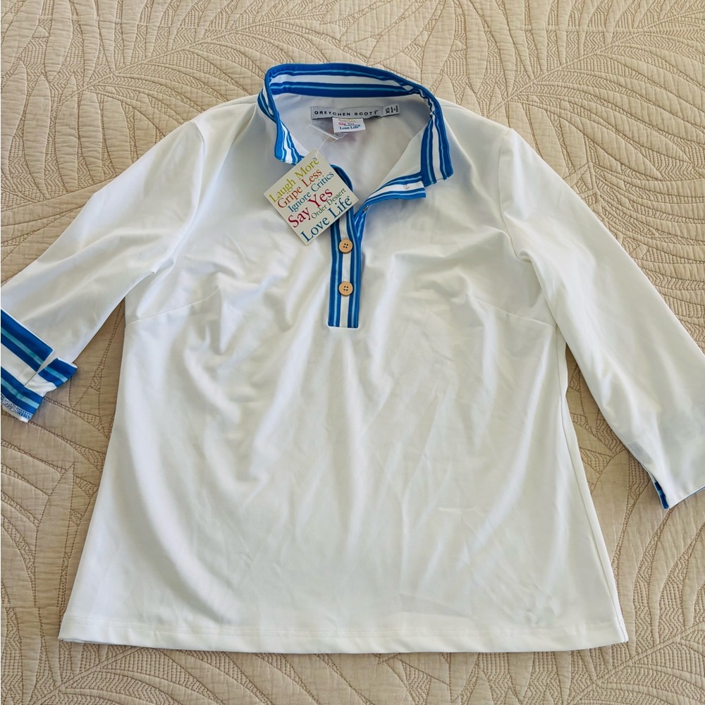 NEW Gretchen Scott Designs White and Blue Button Down Shirt